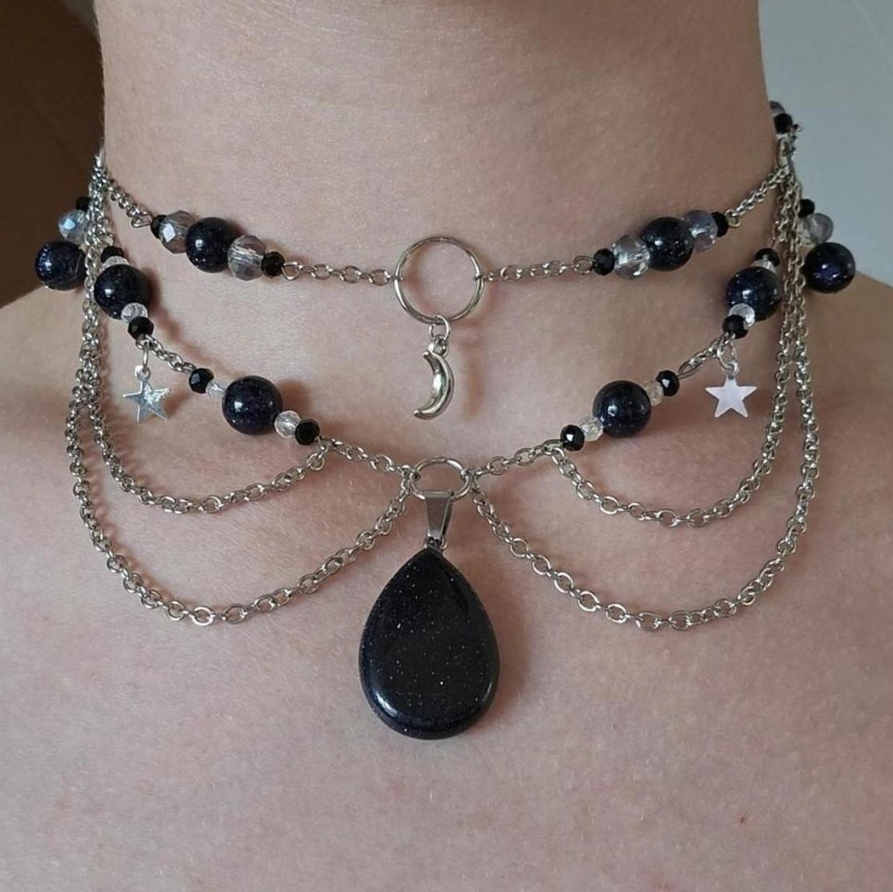 Handmade Blue Goldstone Layered Silver Moon & Star Chain Choker Necklace